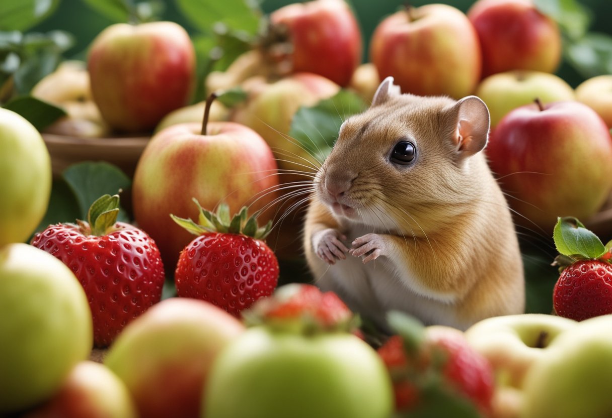 Gerbils surrounded by apples, pears, and strawberries. They nibble on the fruits with curiosity and excitement