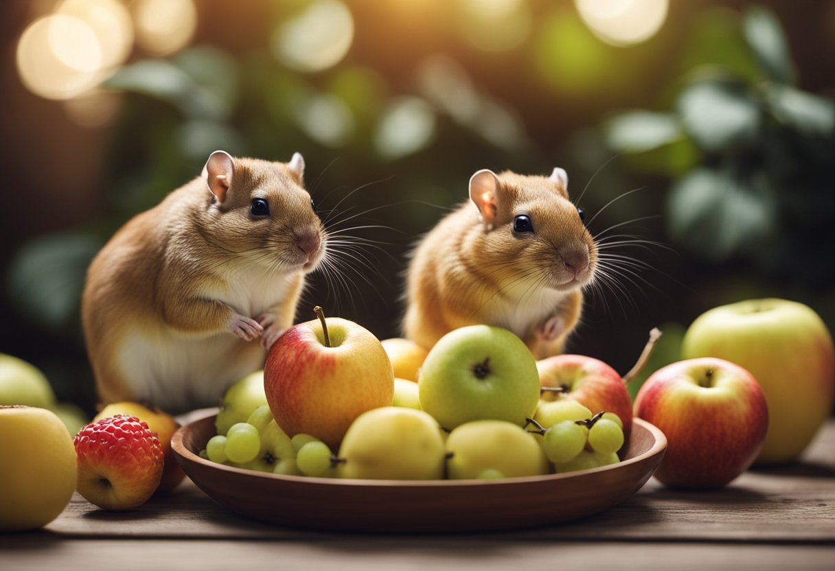 Gerbils surrounded by a variety of fruits such as apples, bananas, and berries, with a bowl of fresh water nearby