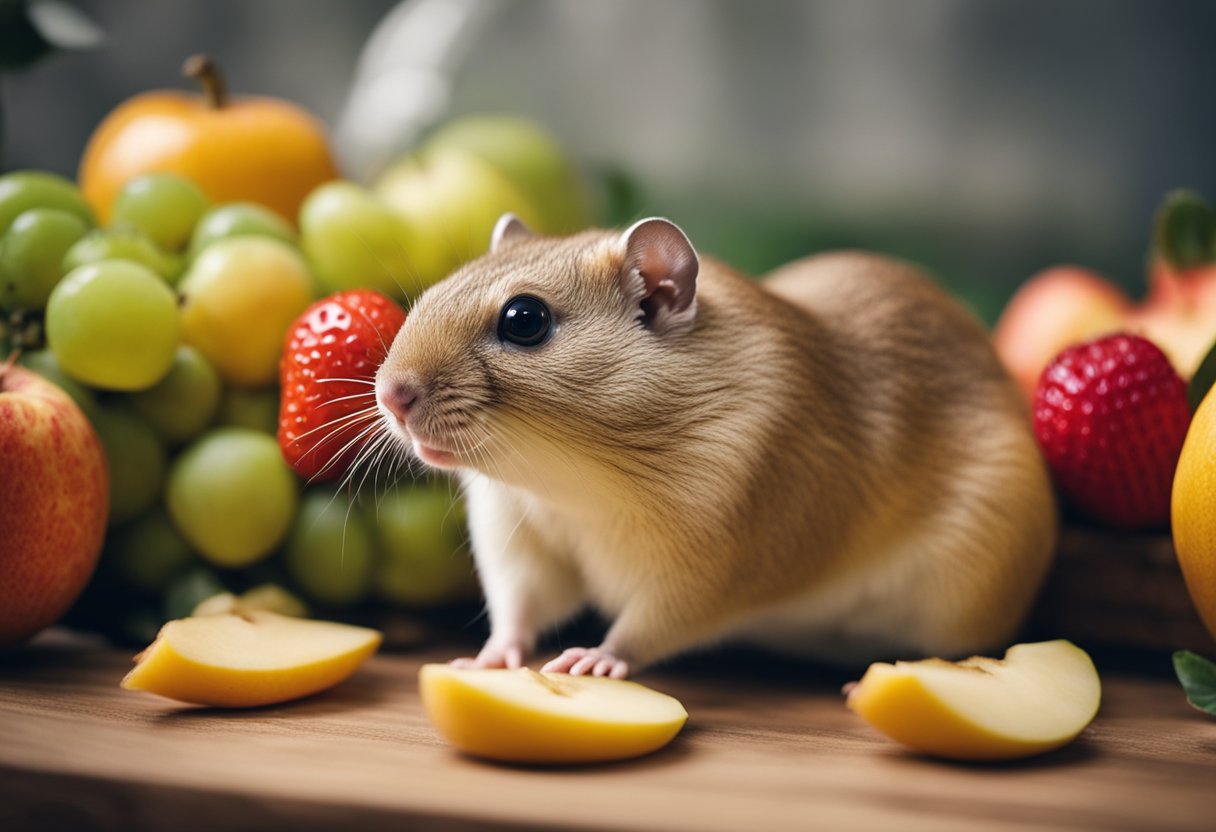 A gerbil nibbles on a variety of fruits like apples, bananas, and strawberries in its cage
