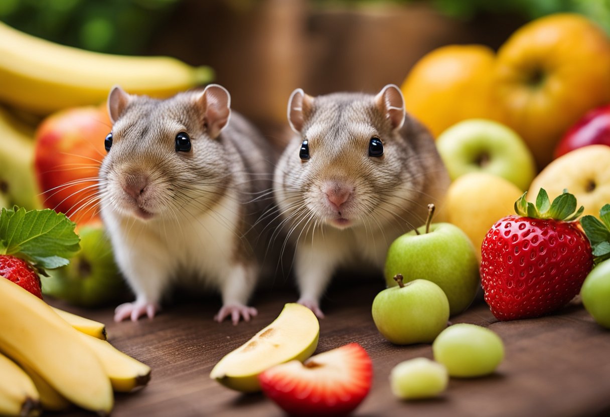 Gerbils surround a variety of fruits, including apples, bananas, and strawberries, as they eagerly nibble on the colorful treats