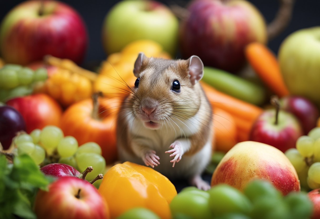 Gerbils eat small portions of fruits, vegetables, and grains. A gerbil is nibbling on a piece of apple while surrounded by a variety of colorful and healthy foods