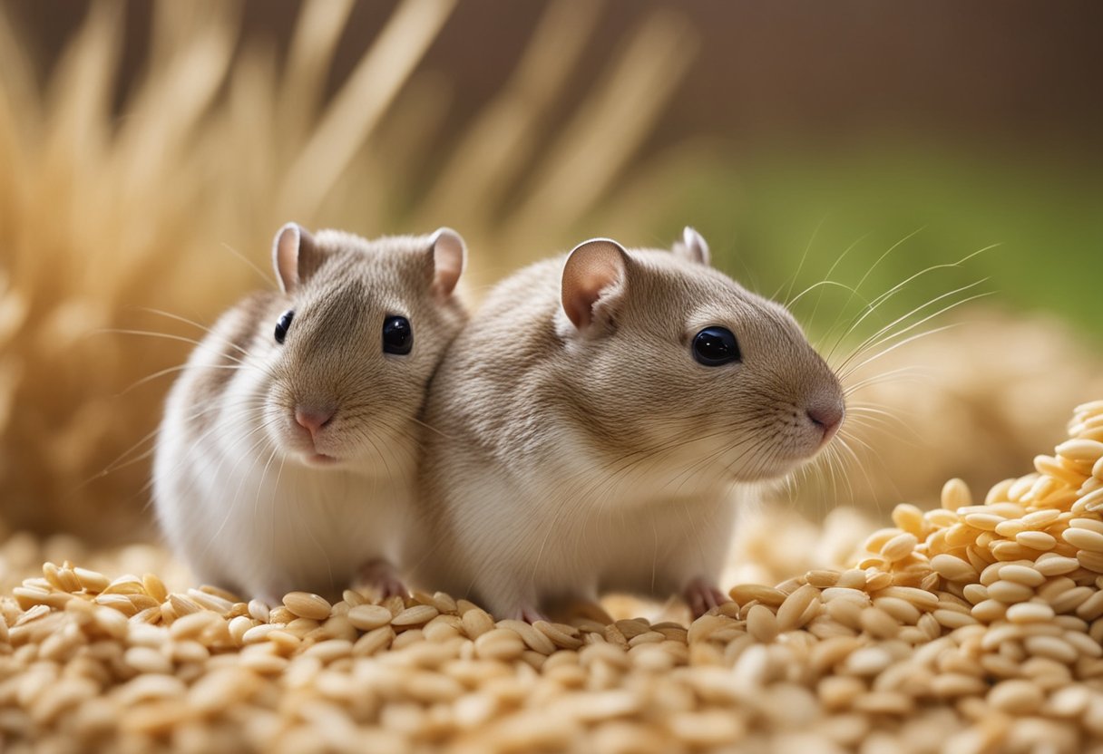Gerbils surrounded by a variety of grains and cereals, such as oats, barley, and millet, scattered on the ground