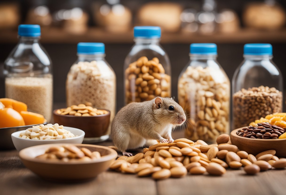 A gerbil surrounded by various protein and fat-rich foods, such as lean meats, nuts, and seeds, with a water bottle nearby