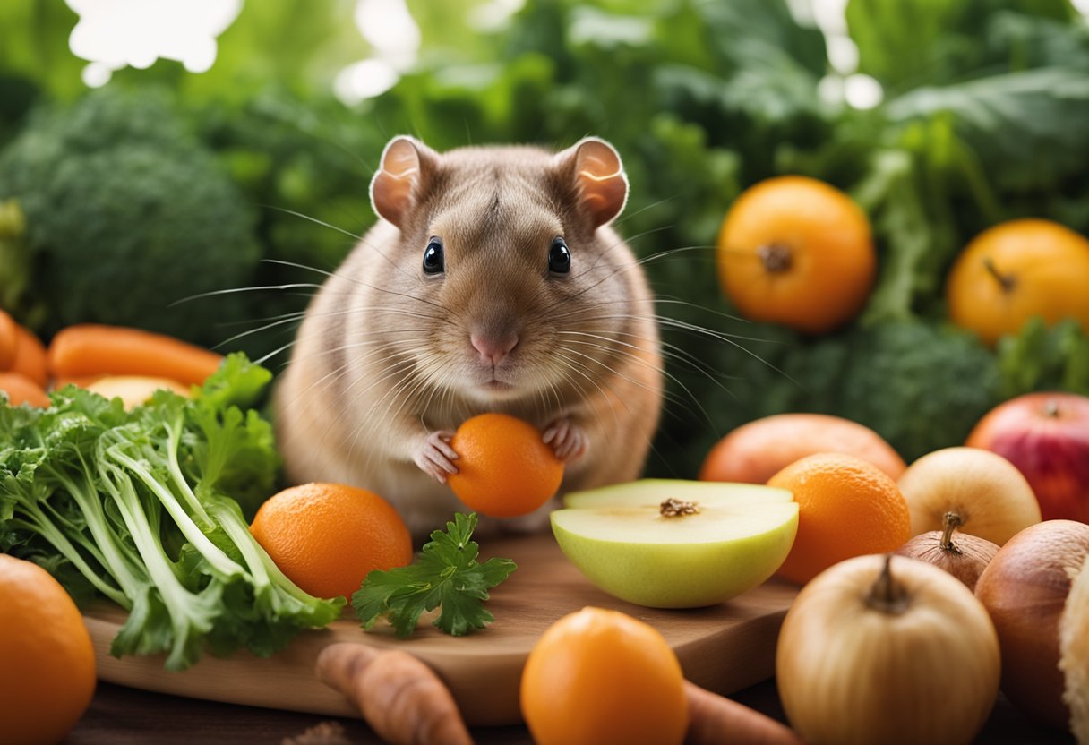 A gerbil surrounded by safe foods: carrots, apples, and leafy greens, with a clear "X" over chocolate, onions, and citrus fruits