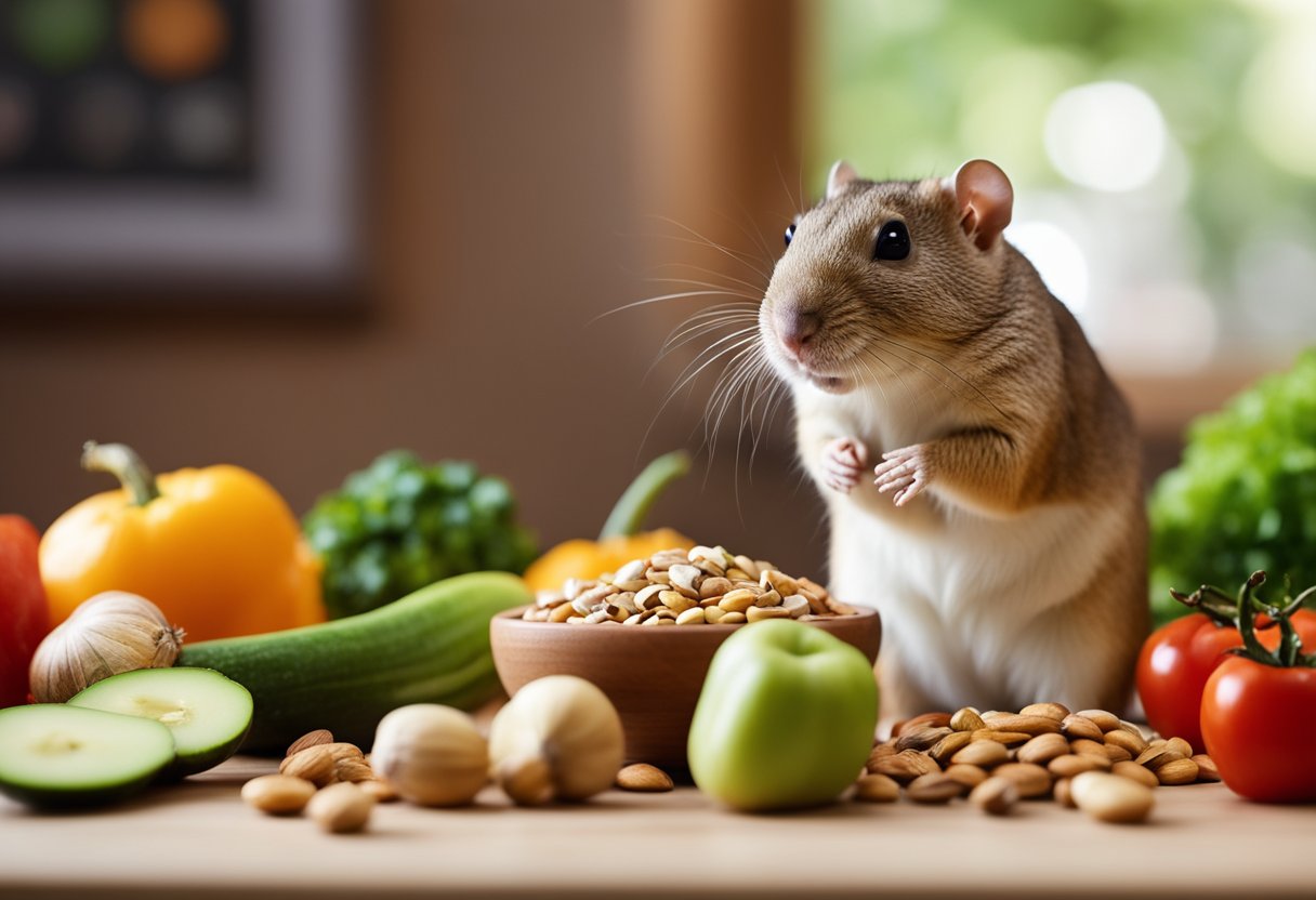 A gerbil sits beside a bowl of fresh vegetables and fruits, with a small pile of seeds and nuts nearby. A list of approved human foods for gerbils is posted on the wall