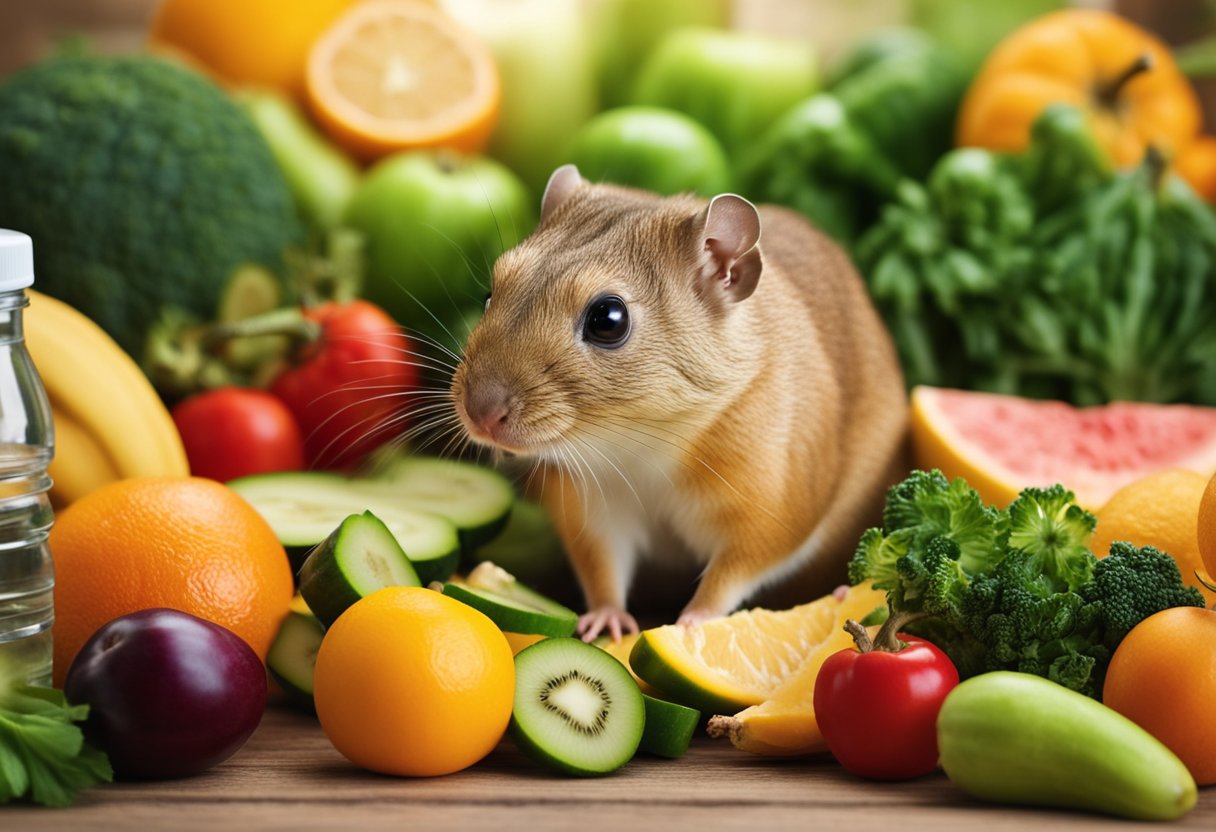 A gerbil surrounded by a variety of fresh fruits, vegetables, and water bottles, representing the different types of human food that gerbils can eat