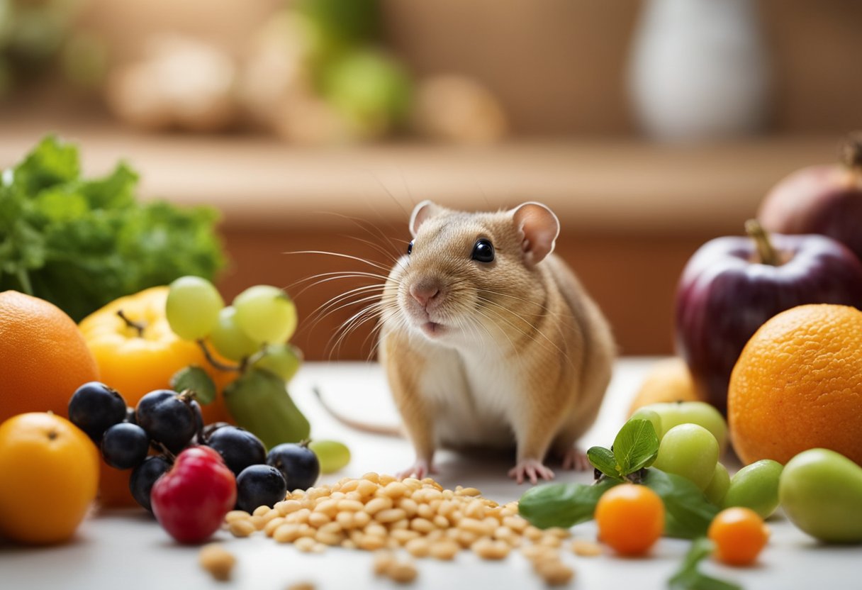 A gerbil surrounded by a variety of fruits, vegetables, and grains, showcasing the different types of human food that gerbils can eat