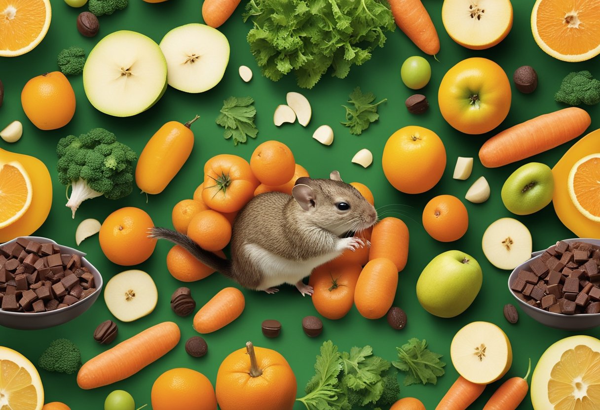 Gerbils surrounded by a variety of safe human foods, such as carrots, apples, and leafy greens, with a clear "no" sign over chocolate and citrus fruits