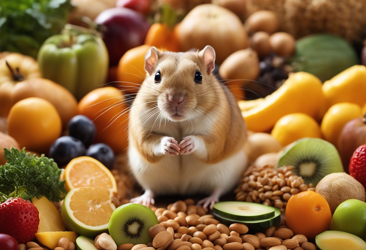 A gerbil surrounded by a variety of human foods, such as fruits, vegetables, and grains, with a question mark hovering above its head