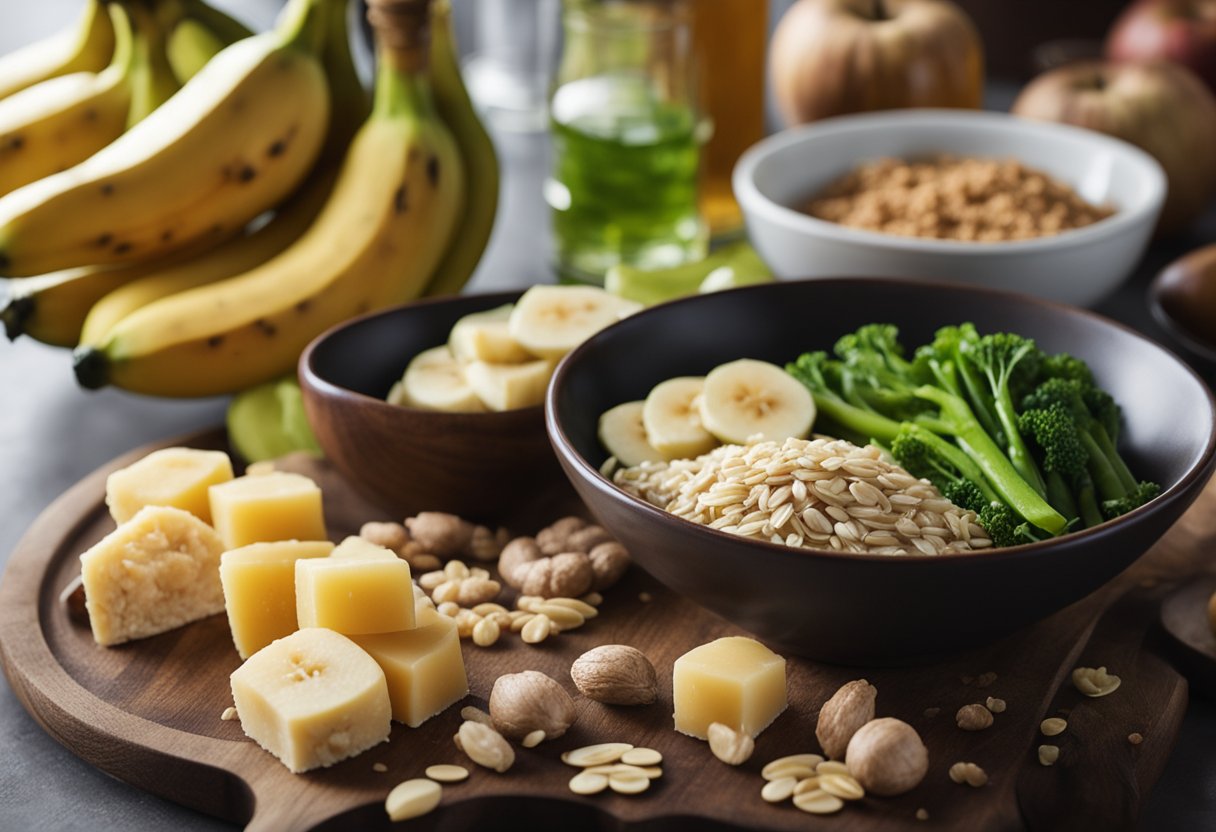 Assorted foods on a table with labels: bananas, oatmeal, ginger, melon, and green vegetables. A glass of water and a bottle of apple cider vinegar nearby