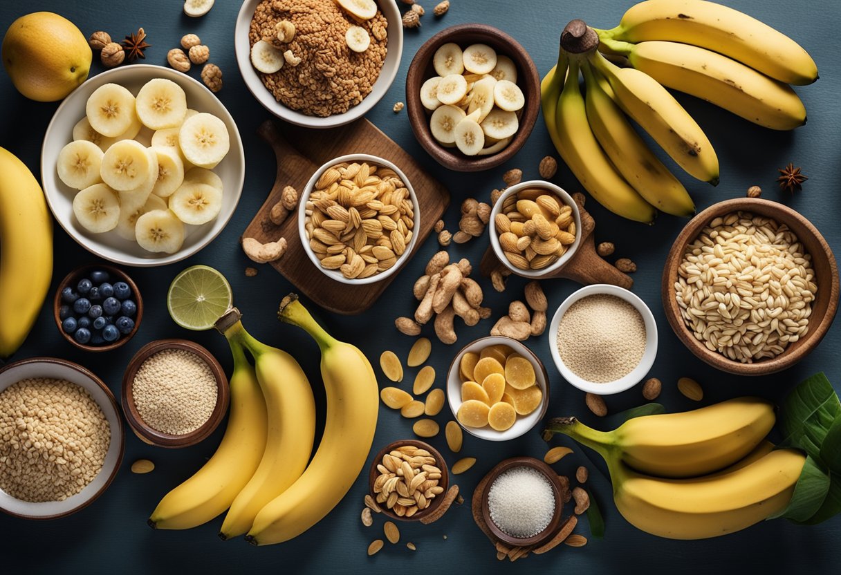 A table filled with 10 colorful and diverse foods, such as bananas, oatmeal, and ginger, surrounded by a variety of dietary and digestive health-related items