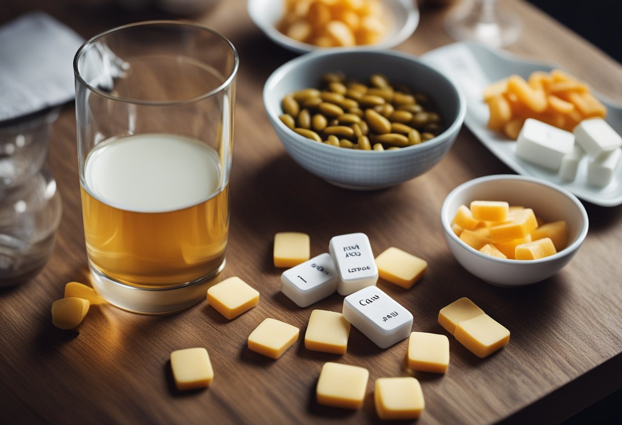 A table with 10 labeled foods to avoid for acid reflux. A glass of water and antacid tablets nearby