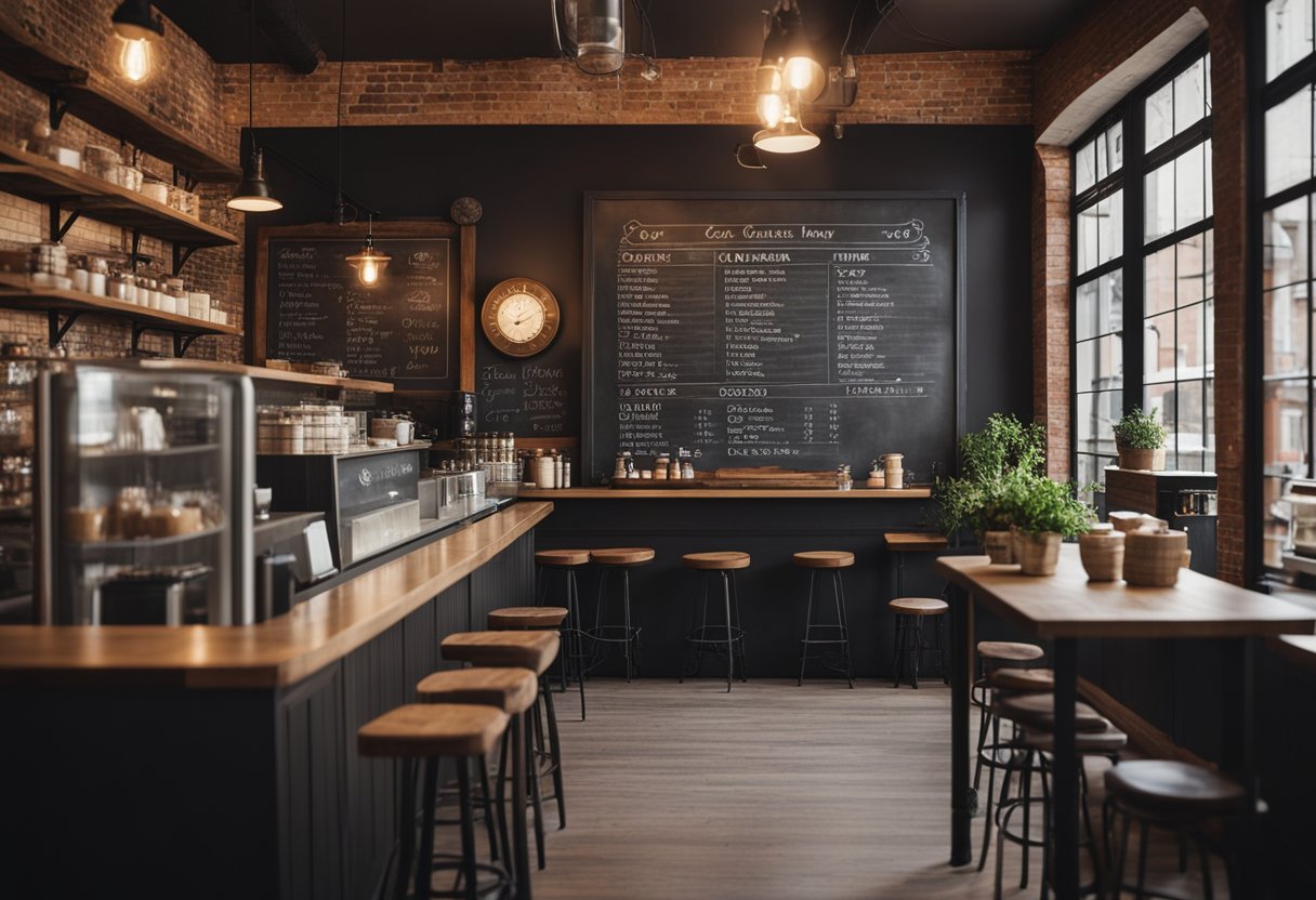 Cozy coffee shop with warm lighting, exposed brick walls, wooden tables, and vintage decor. A chalkboard menu hangs above the counter, and shelves display coffee beans and mugs