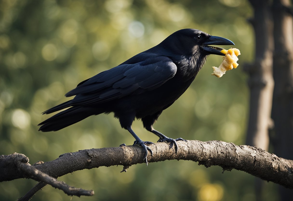 A crow perched on a tree branch, with its beak open and a piece of food in its mouth