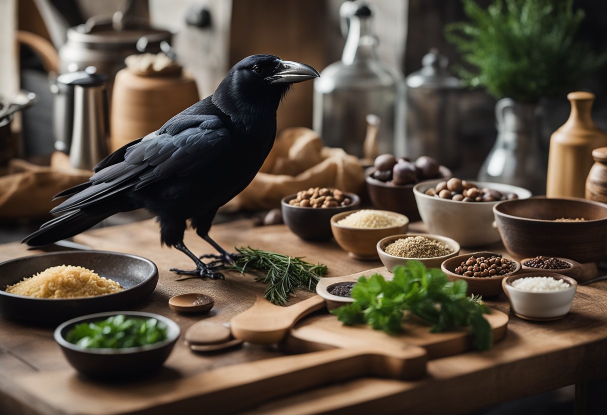 A crow perches on a rustic wooden table surrounded by various culinary tools and ingredients, evoking a sense of curiosity and exploration