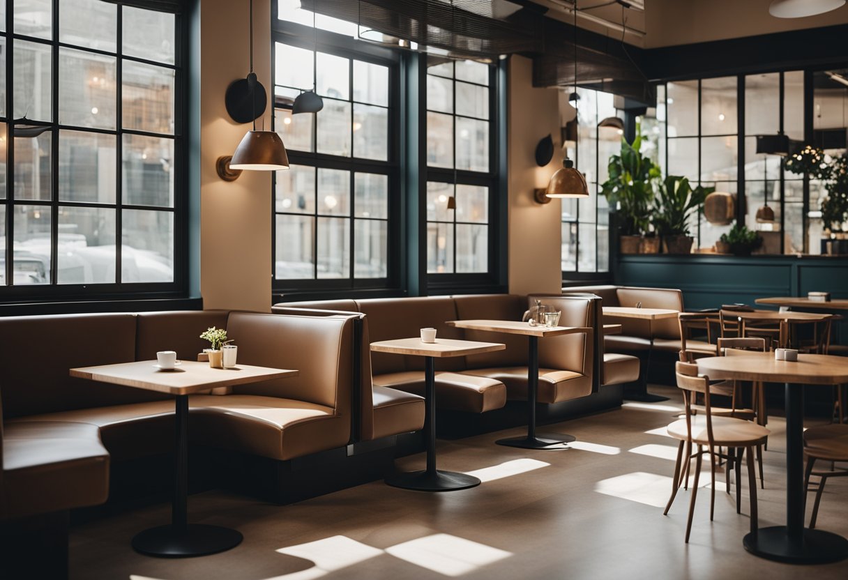 A cozy coffee shop with efficient use of space, featuring a combination of small tables and comfortable seating, a minimalist color scheme, and plenty of natural light