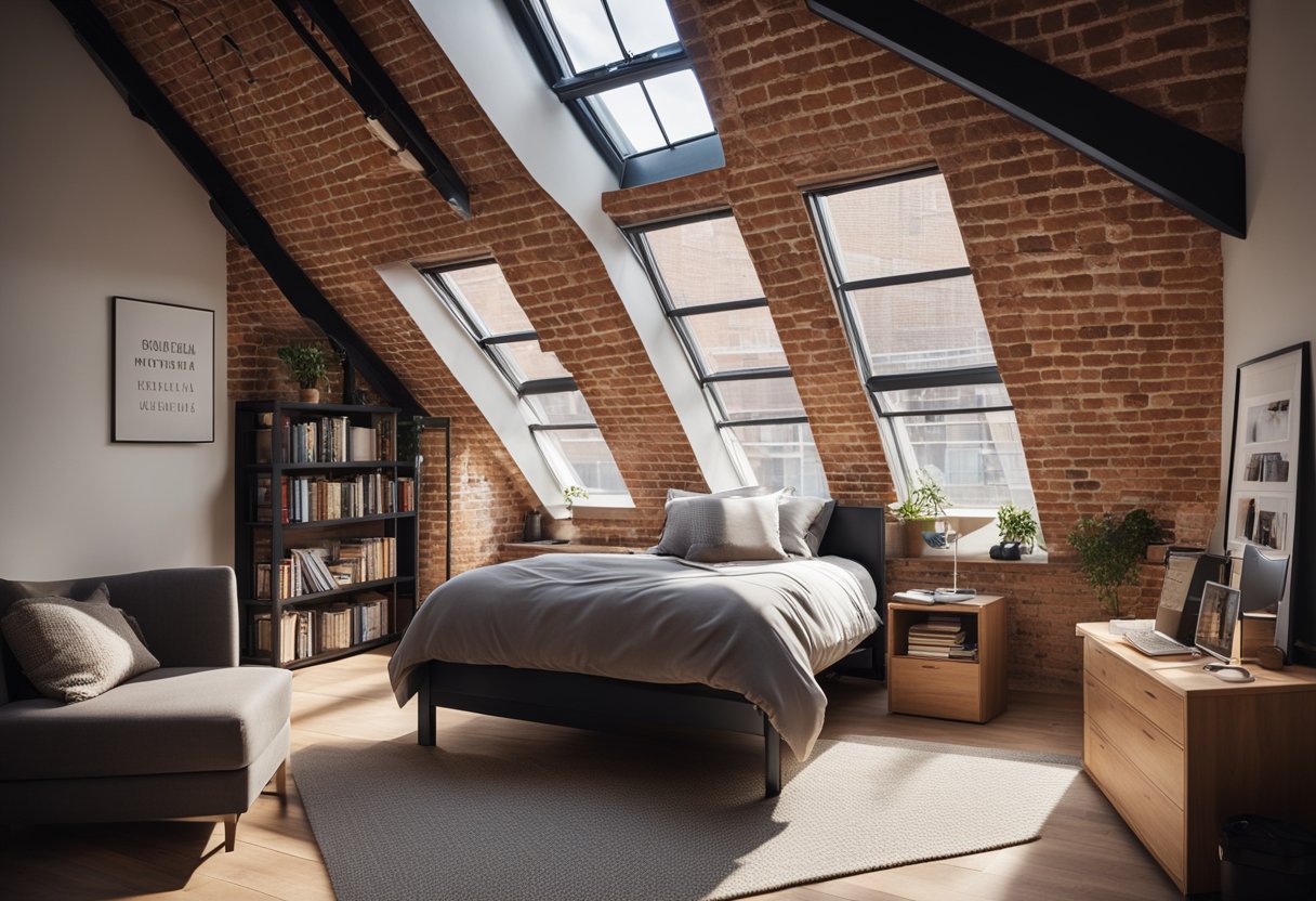 A cozy loft bedroom with a large, plush bed, exposed brick walls, and a skylight letting in natural light. A small desk and chair sit in the corner, and a bookshelf lines one wall