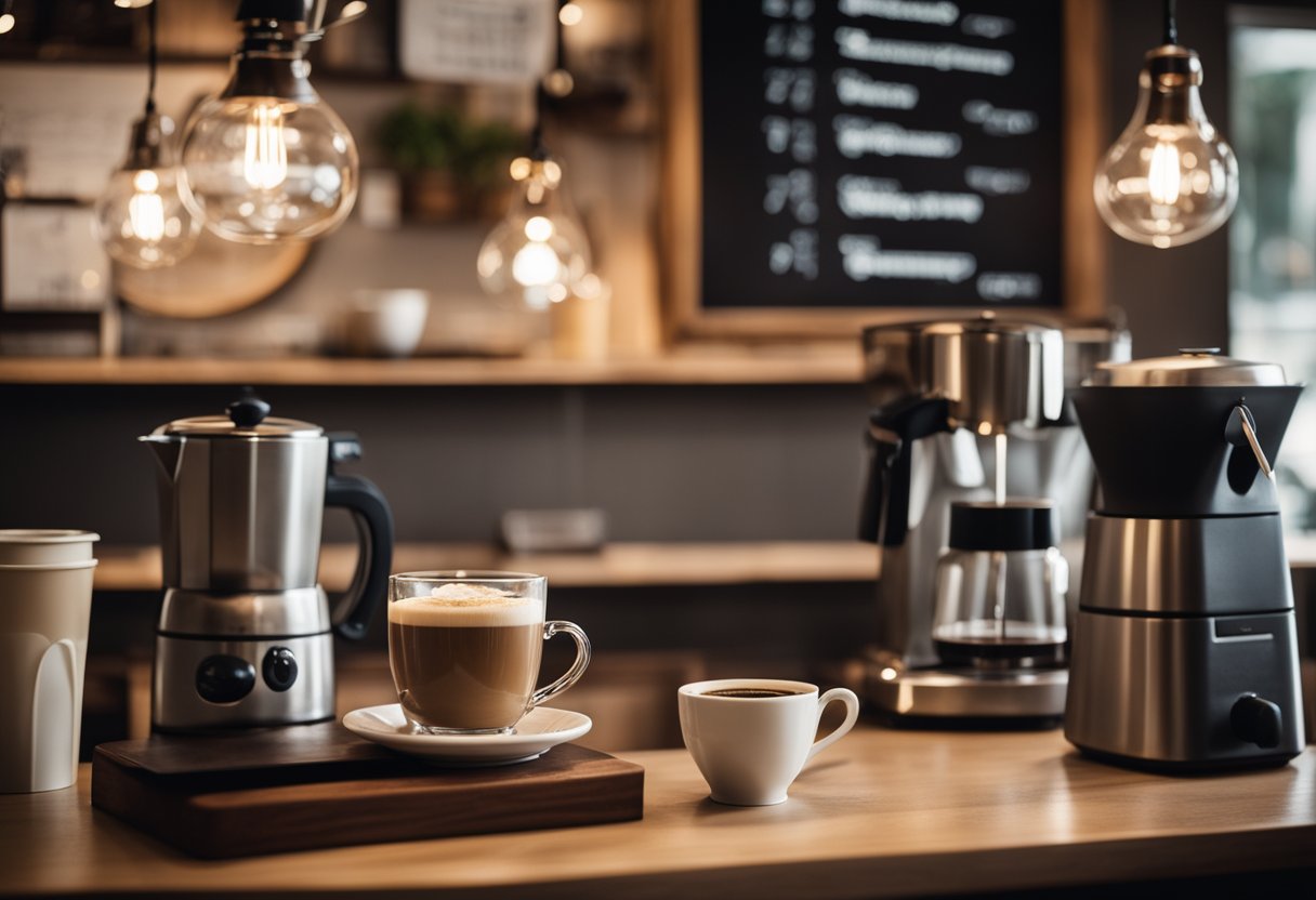 A cozy coffee shop with warm lighting, rustic wooden furniture, and a neutral color palette. A chalkboard menu and vintage coffee equipment add to the charming aesthetic