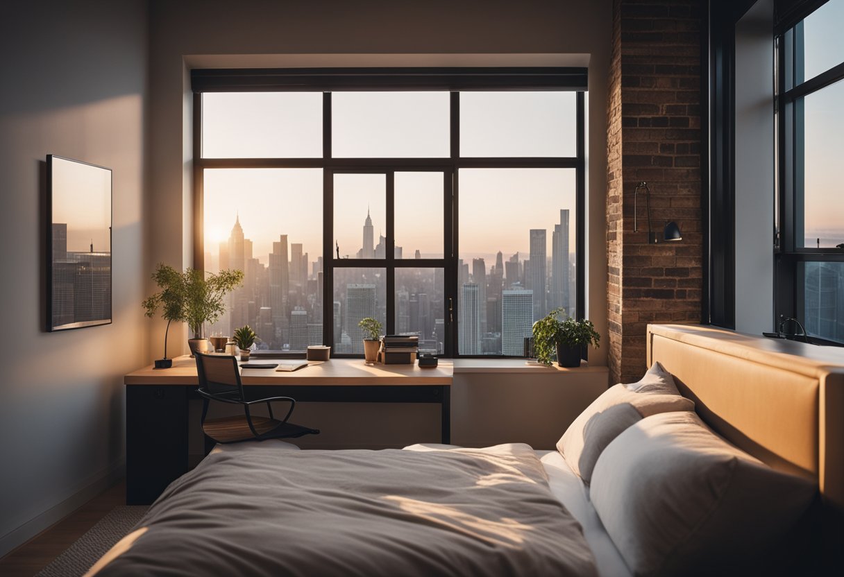A cozy loft bedroom with a low platform bed, soft lighting, and a large window overlooking a city skyline. A small desk and bookshelf are nestled in the corner, creating a peaceful and functional space