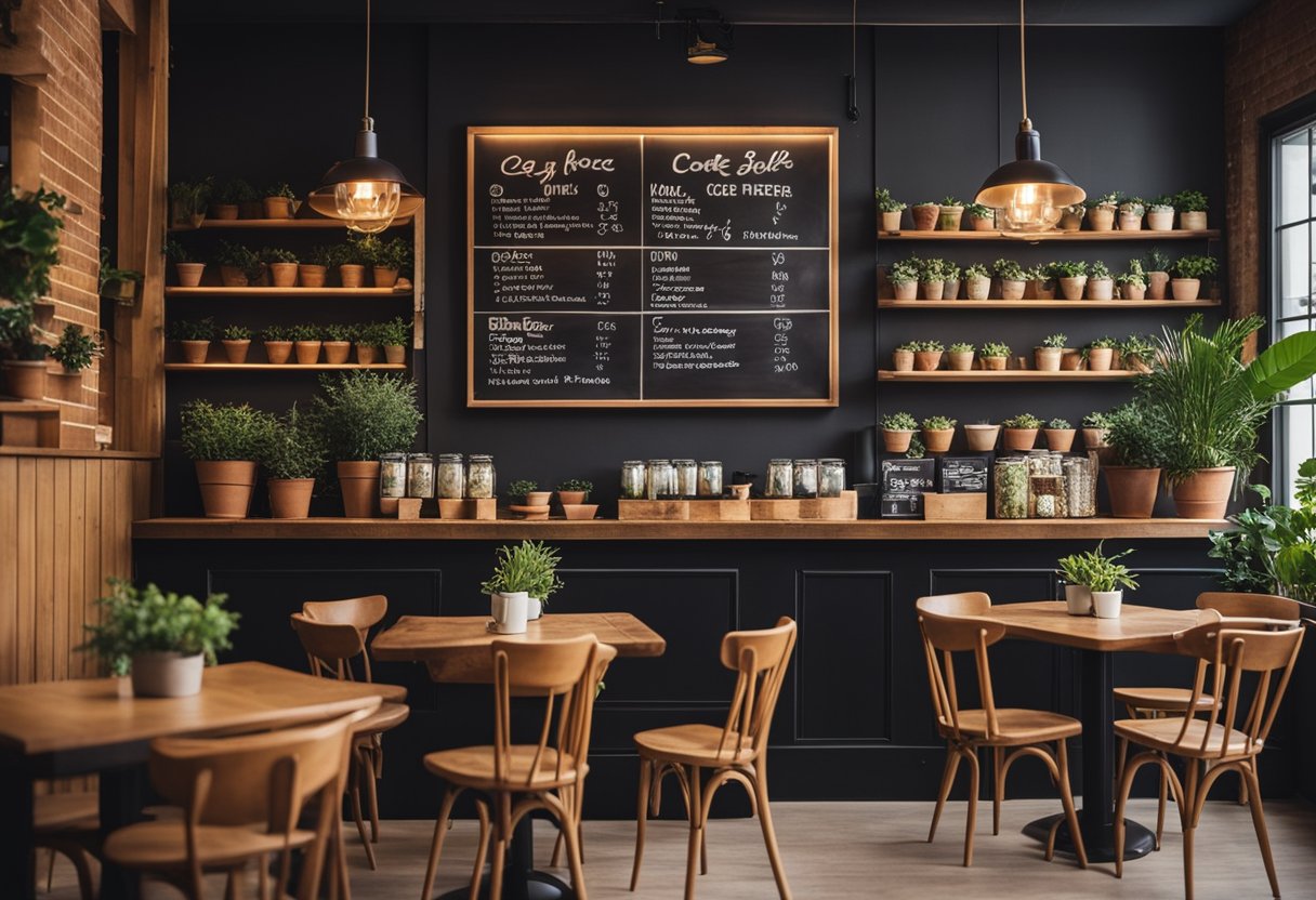 A cozy coffee shop with warm lighting, wooden furniture, and a chalkboard menu. Potted plants and artwork adorn the walls, creating a relaxed and inviting atmosphere