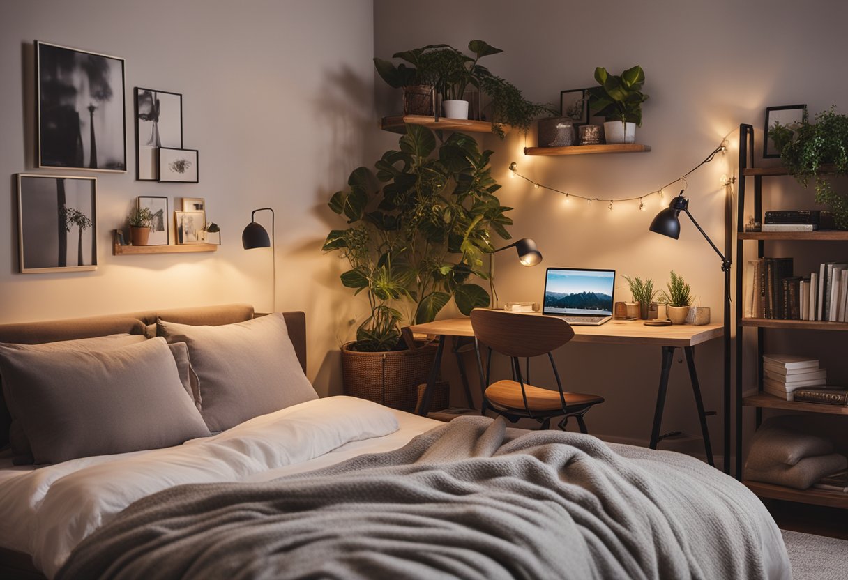 A cozy loft bedroom with a large, comfortable bed, soft throw pillows, and warm ambient lighting. A small desk with a stylish chair sits in the corner, and a bookshelf filled with books and plants adds a personal touch