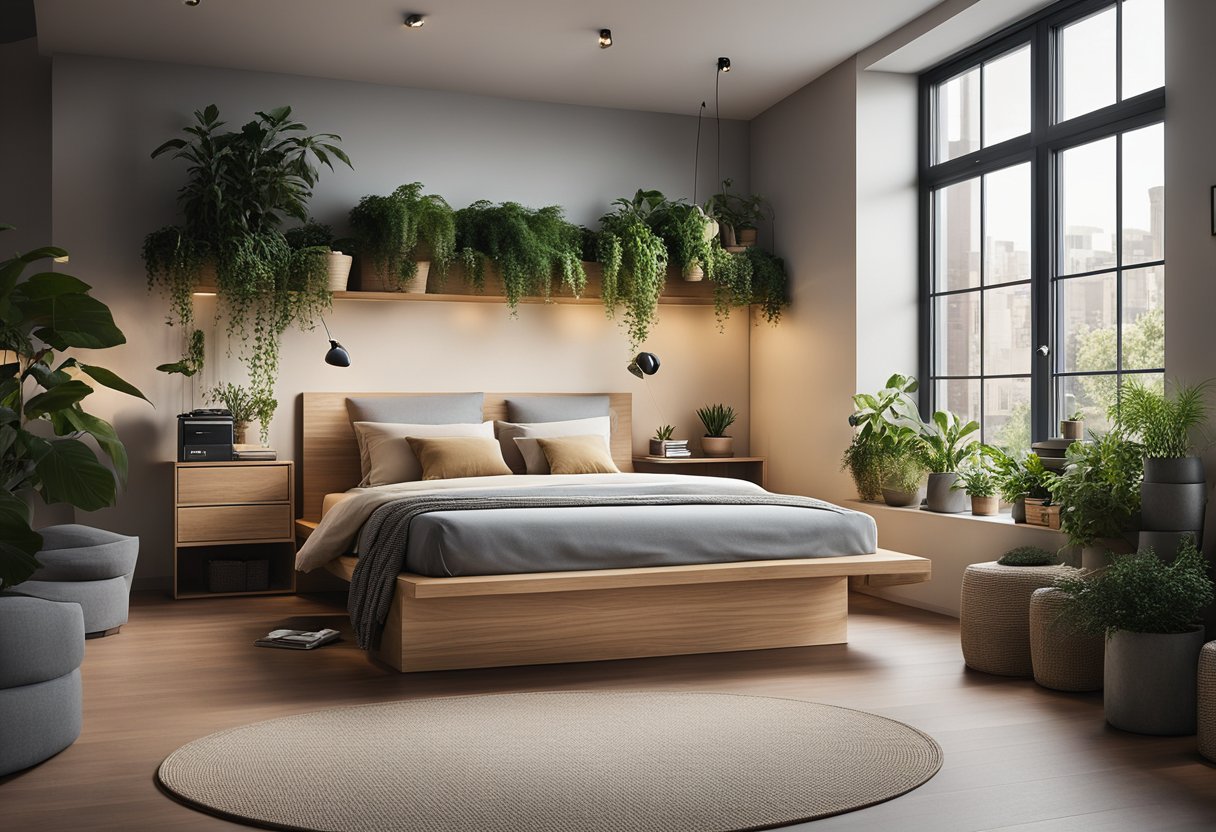 A cozy loft bedroom with a modern design, featuring a raised platform bed, a sleek desk, and built-in storage solutions. A large window allows natural light to fill the space, and plants add a touch of greenery