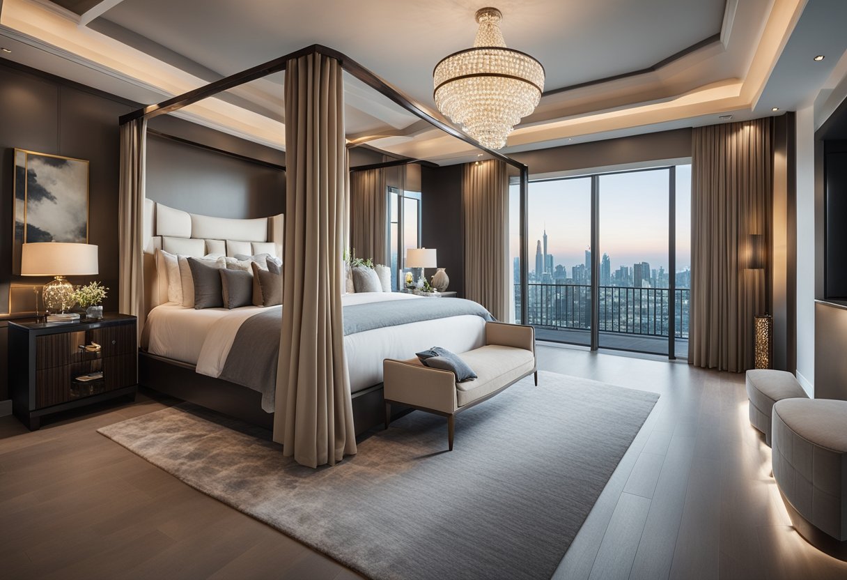 The luxurious master bedroom features a grand canopy bed, elegant chandelier, plush seating area, and a private balcony with stunning city views