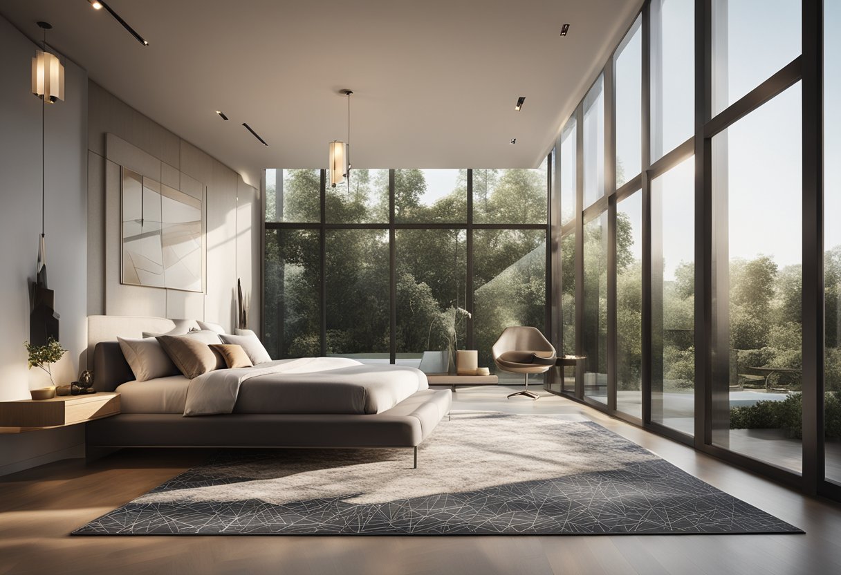 A sleek, minimalist bed sits against a wall of floor-to-ceiling windows, with a geometric rug and abstract art adorning the walls. A contemporary chandelier hangs from the ceiling, casting a warm glow over the space