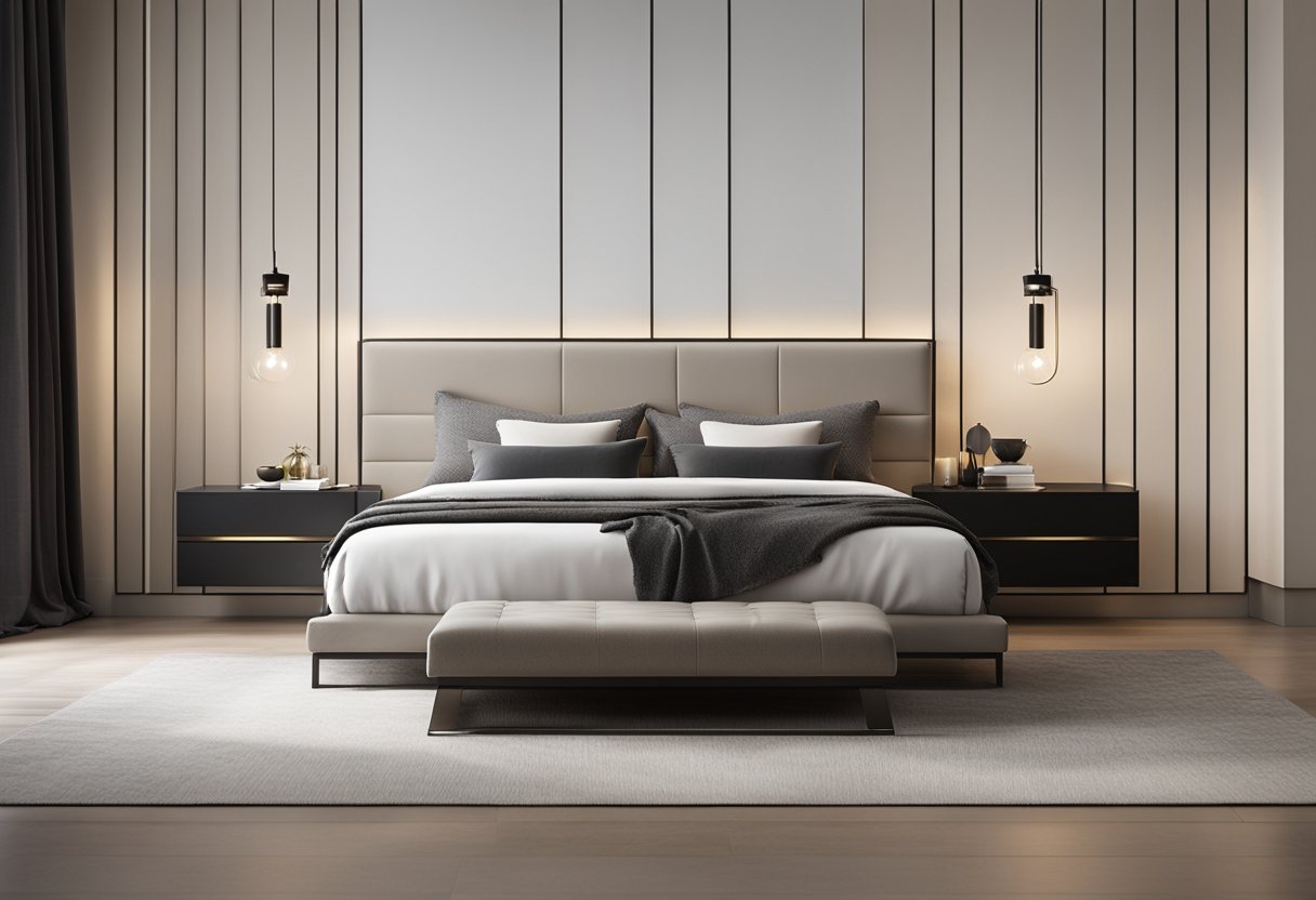 A sleek, minimalist bed with geometric bedding sits against a backdrop of a neutral-colored accent wall. A stylish nightstand and modern lighting complete the contemporary look
