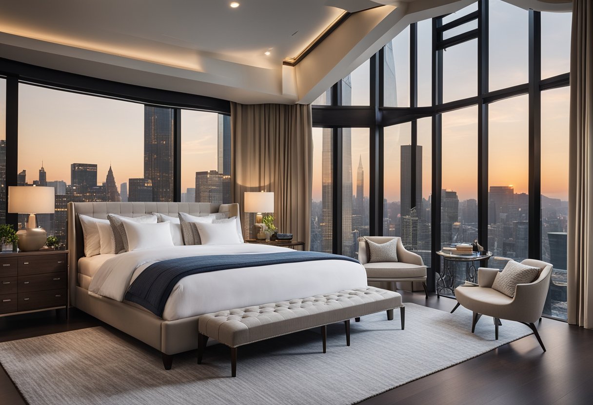 A spacious, elegantly furnished master bedroom with a king-sized bed, plush bedding, a cozy sitting area, and large windows offering a view of the city skyline
