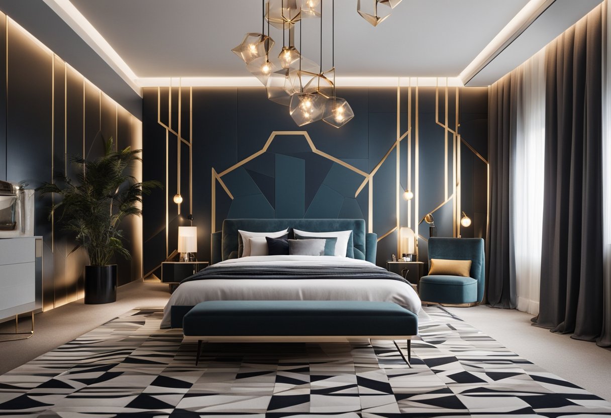 A sleek, minimalist bedroom with bold geometric patterns, metallic accents, and statement lighting