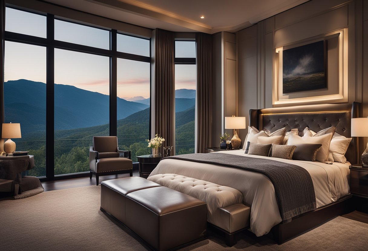 A grand king-sized bed with plush bedding, elegant nightstands, and a cozy seating area with a fireplace and large windows overlooking a scenic view