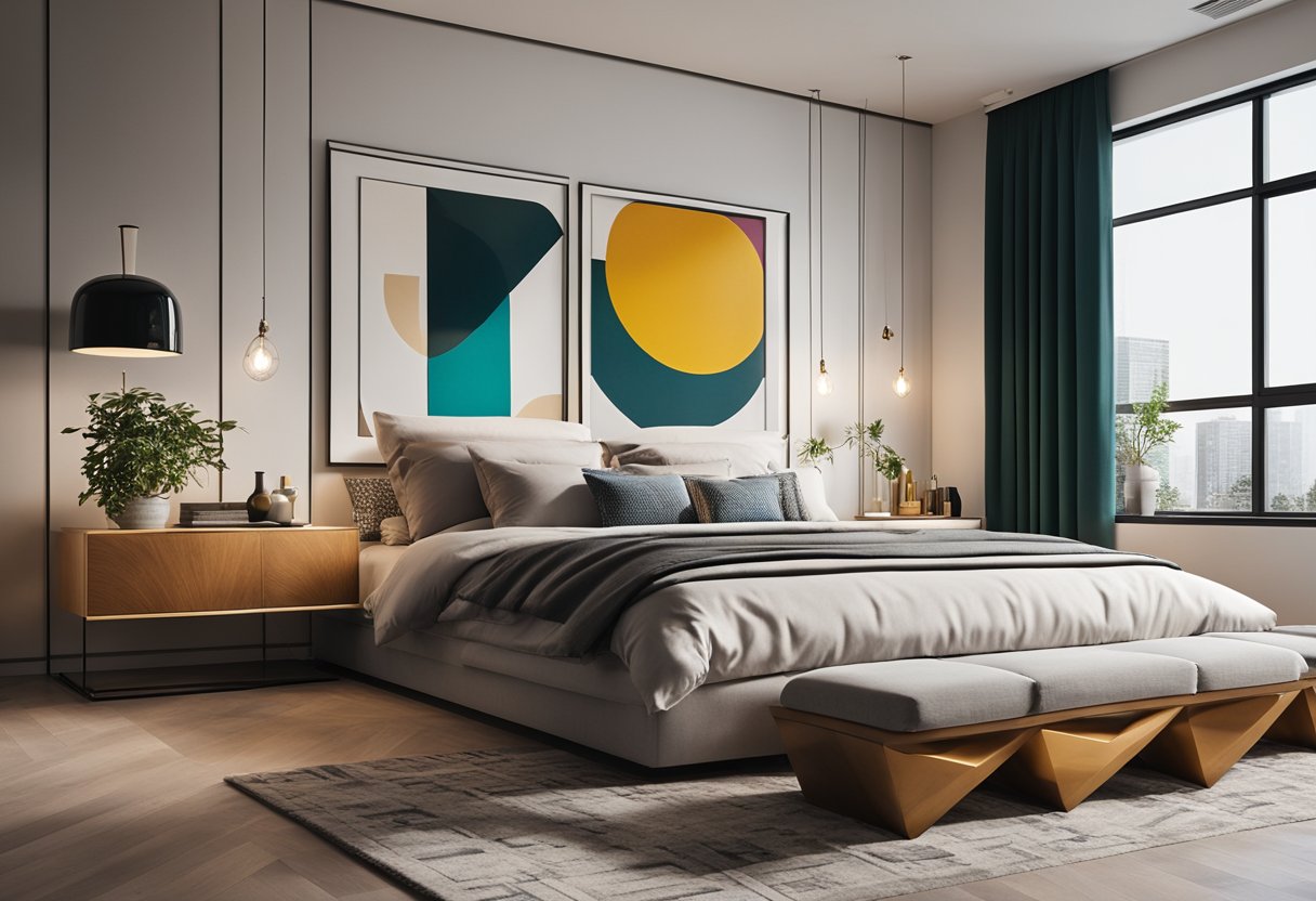 A sleek, minimalist bedroom with geometric furniture, bold patterns, and vibrant colors. A large, abstract art piece hangs on the wall, and a cozy reading nook is nestled in the corner