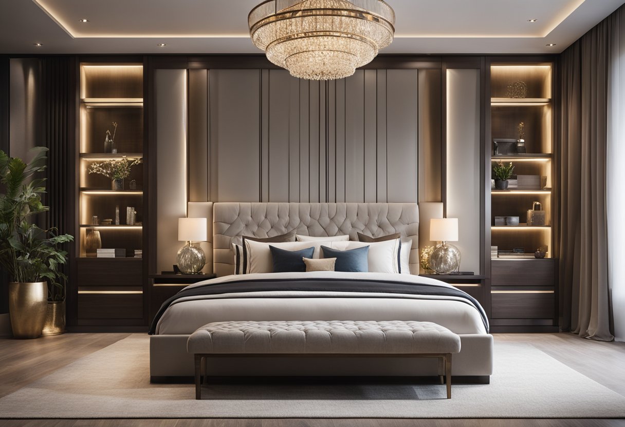 A spacious, elegant master bedroom with high-end furniture, soft lighting, and luxurious textiles. A large, comfortable bed with plush pillows and a stylish, modern design
