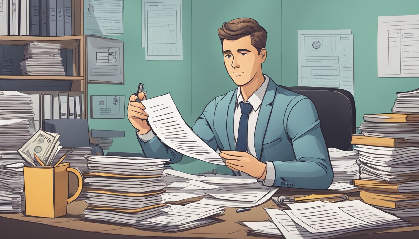 A small business owner signs loan documents at a cluttered desk, surrounded by financial documents and a calculator. A banker looks on, offering assistance