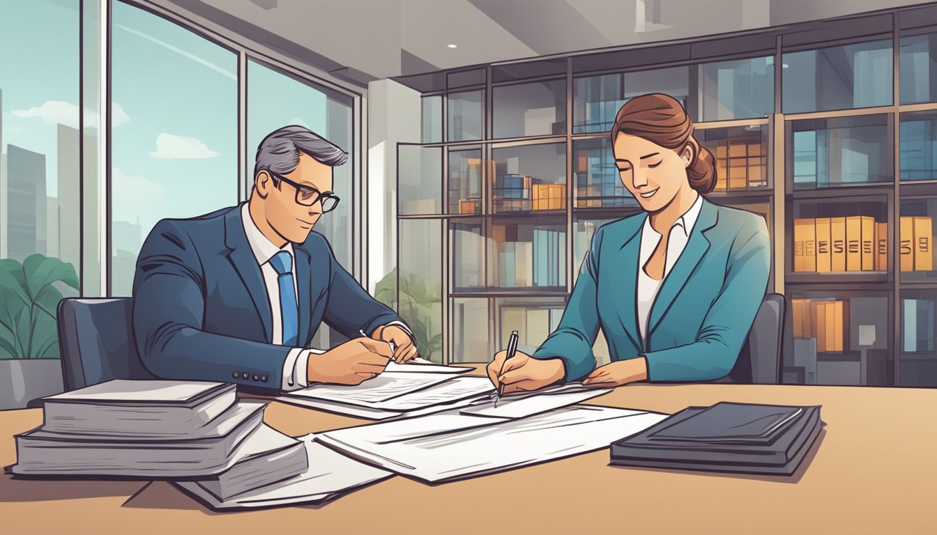 A businessman signing a contract for a business loan while a woman fills out paperwork for a personal loan at a bank
