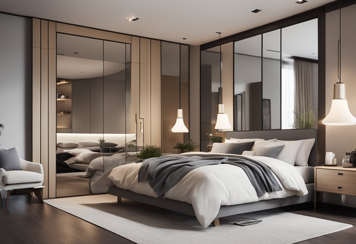 A cozy master bedroom with a neutral color palette, a space-saving platform bed, built-in storage solutions, and a large mirror to create the illusion of more space