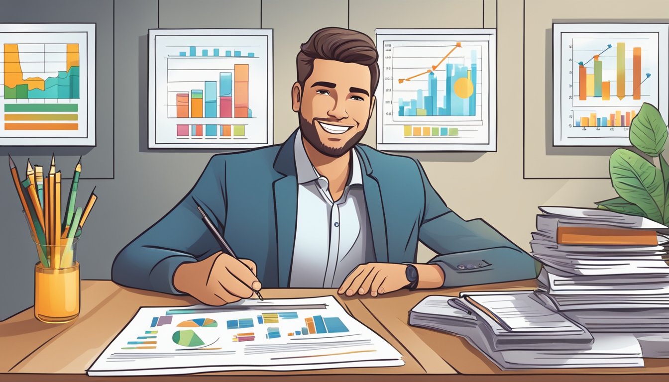 A small business owner signs loan papers, surrounded by financial charts and graphs, with a satisfied expression