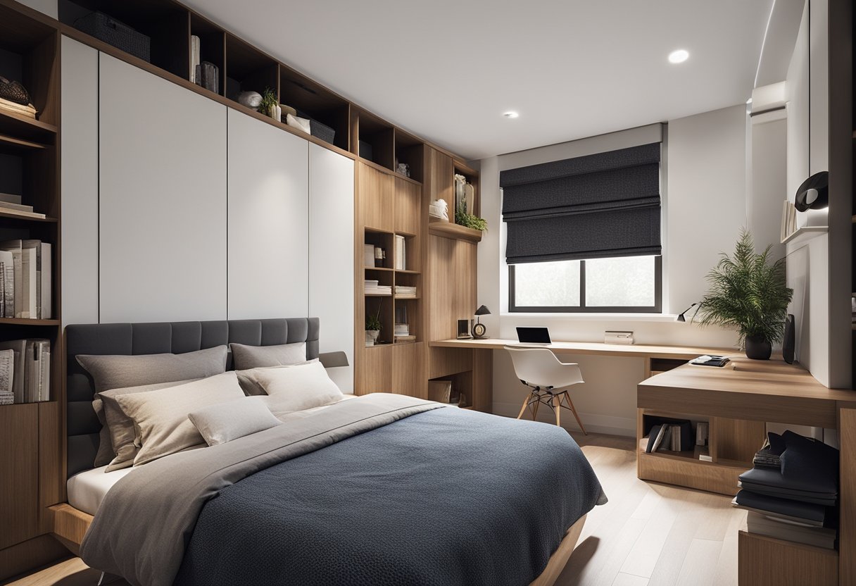 A bed with built-in storage, floating shelves, and a wall-mounted desk create a space-saving master bedroom design