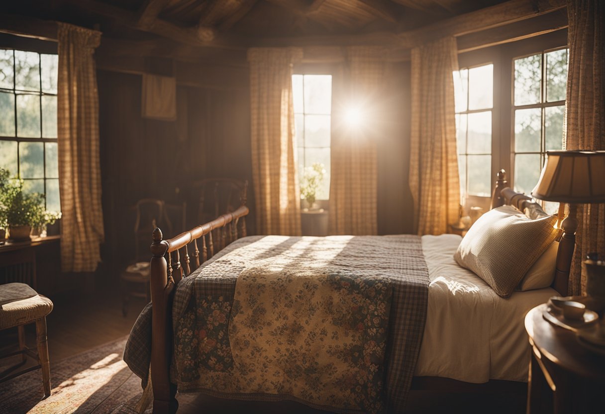 A cozy country bedroom with floral wallpaper, a rustic wooden bed, plaid bedding, and a vintage quilt draped over a chair. Sunlight streams in through lace curtains, casting a warm glow on the room