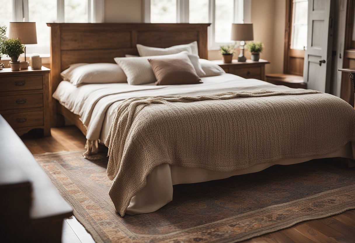 A cozy country bedroom with rustic wooden furniture, soft floral bedding, and a warm color palette. A large window lets in natural light, and a vintage rug adds a touch of charm to the hardwood floor