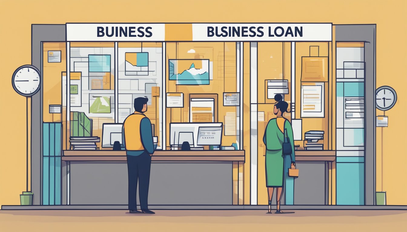 A business owner and an individual stand side by side, with a large "Business Loan" and "Personal Loan" sign above them, pointing to each option