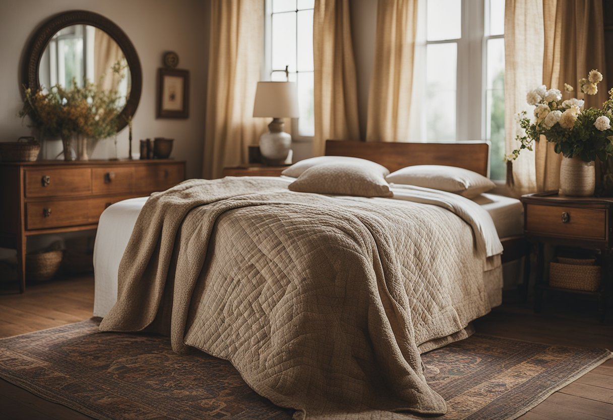 A cozy country bedroom with rustic wooden furniture, floral patterned curtains, and soft, earthy tones. A vintage quilted bedspread and a woven rug add warmth to the space