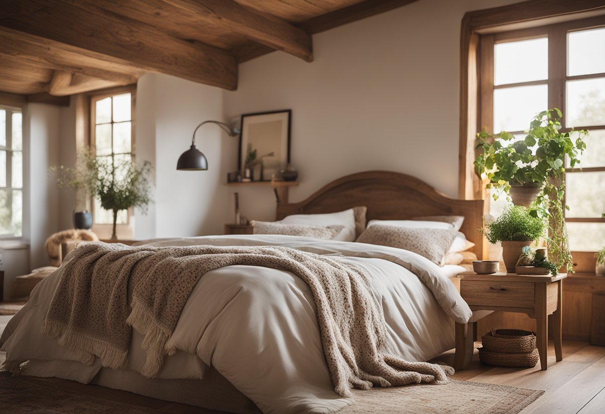 A cozy country bedroom with rustic wooden furniture, floral patterned bedding, and a soft, warm color palette. A large window allows natural light to fill the room, and a fluffy rug adds a touch of comfort to the hardwood floor