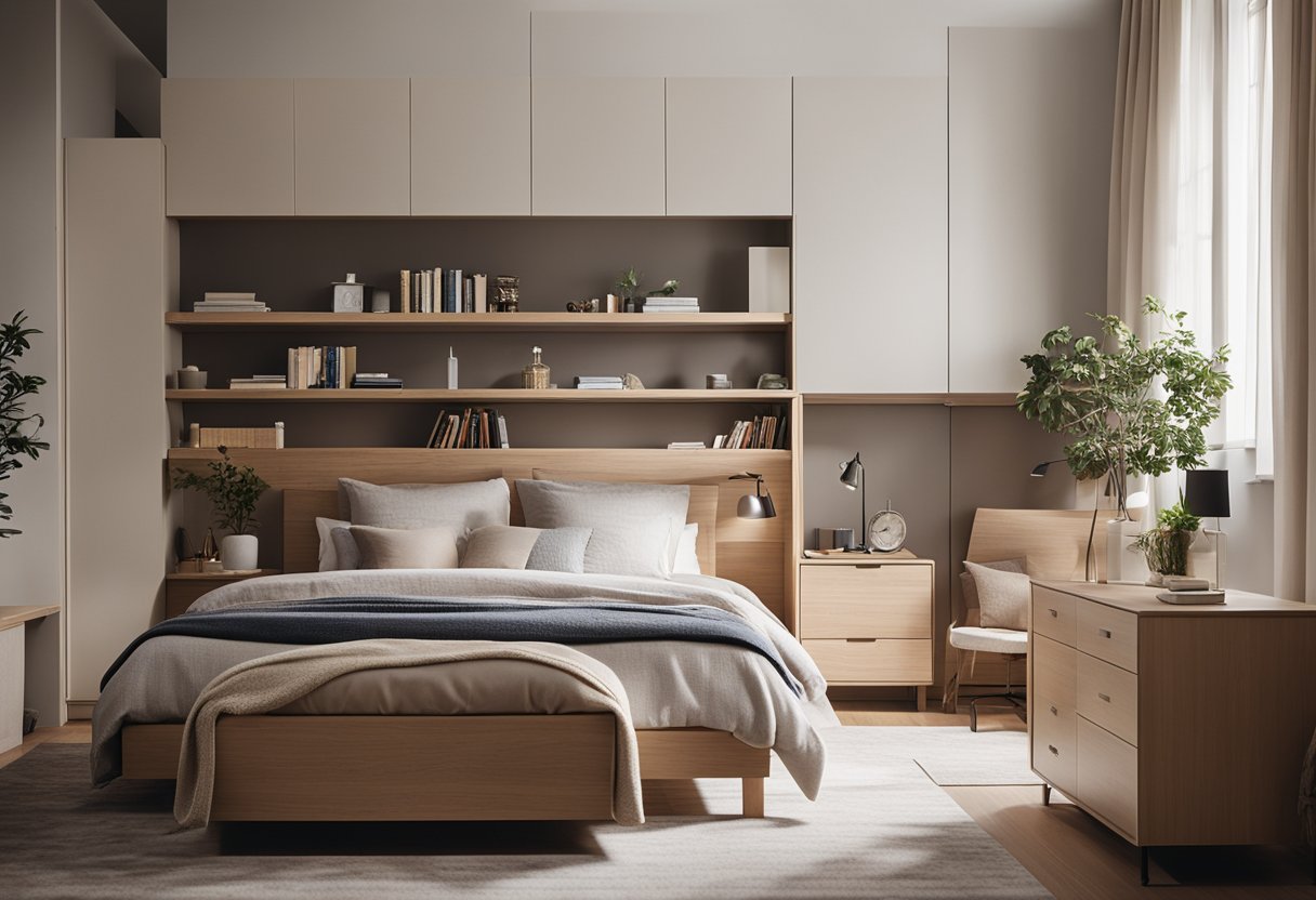 A cozy, small bedroom with space-saving furniture, clever storage solutions, and soft, neutral colors to create a serene and functional retreat