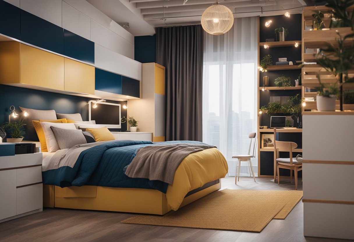 A cozy 1 bedroom condo with a loft bed, foldable furniture, and wall-mounted storage. Bright colors and mirrors create an illusion of space