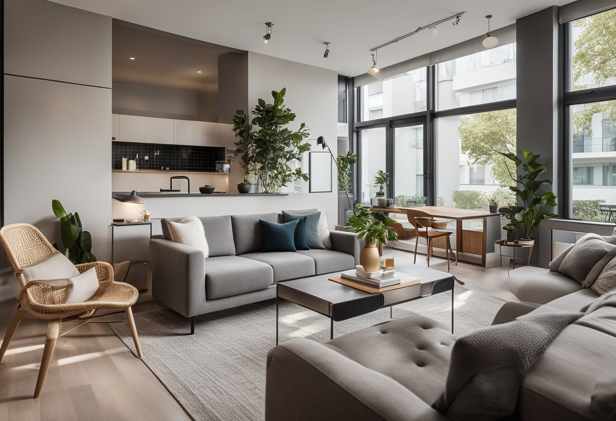 A modern 1-bedroom condo with sleek furniture, maximizing space with built-in storage solutions and a minimalist color palette. A large window lets in natural light, creating a cozy yet functional living space