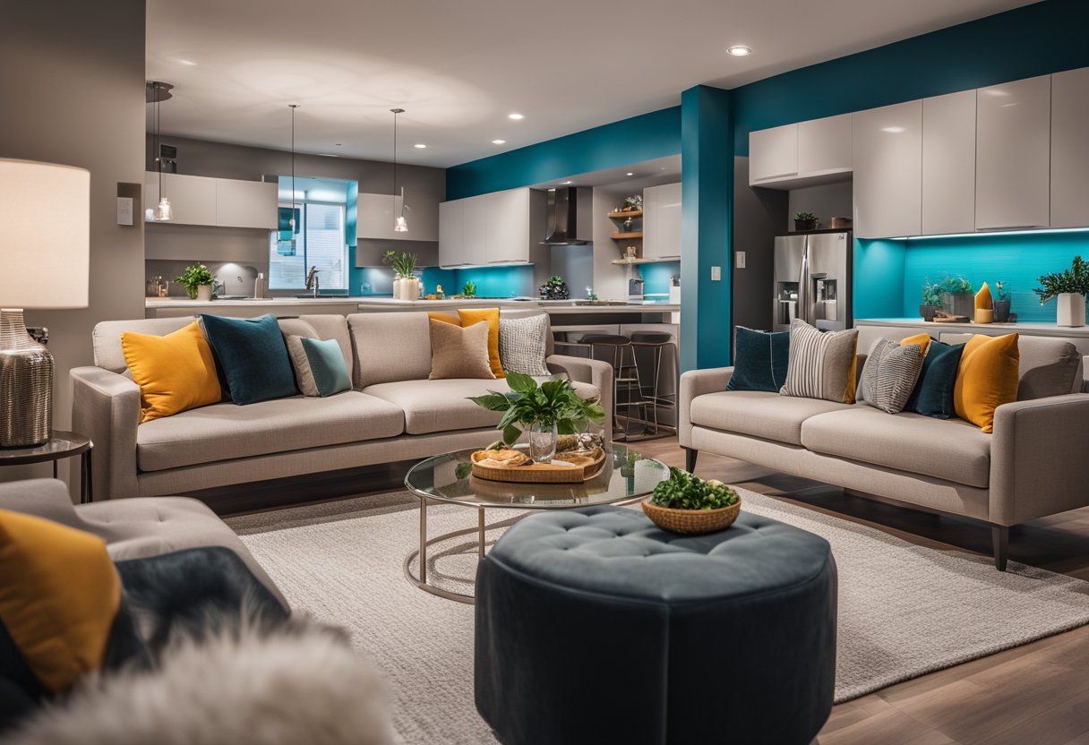 A cozy living room with a plush sofa, a modern coffee table, and a vibrant accent wall. A sleek kitchen with stainless steel appliances and a breakfast bar. A serene bedroom with a comfortable bed and soft lighting