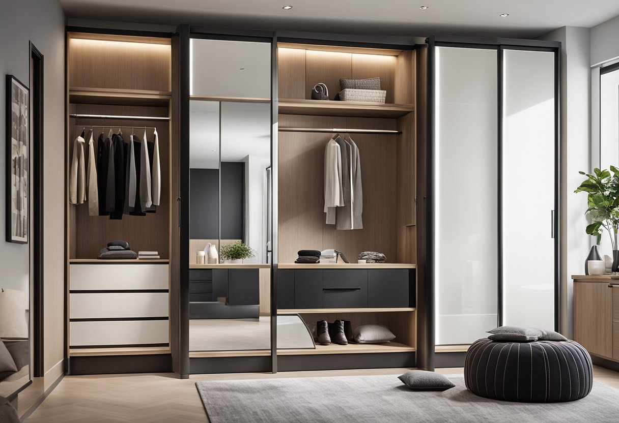 A modern master bedroom with sleek, sliding wardrobe designs, featuring clean lines and minimalist hardware