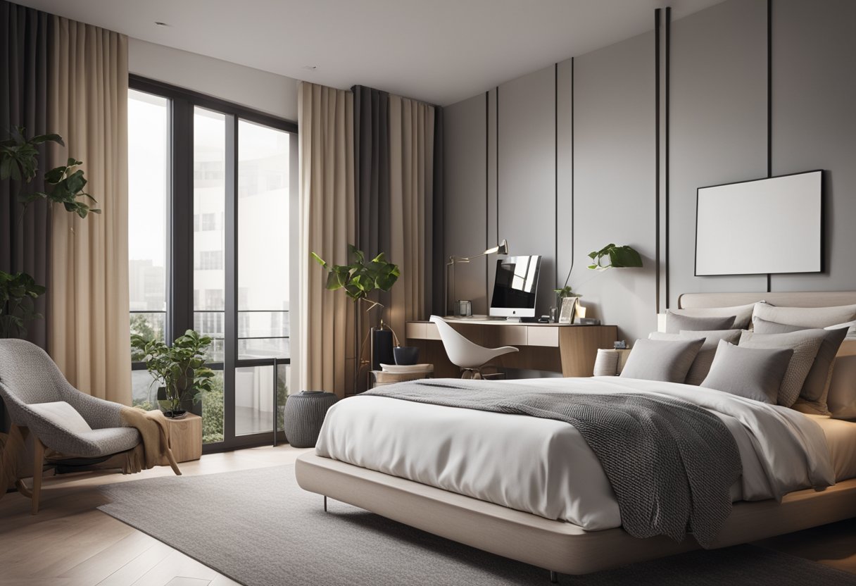 A spacious bedroom with a large window, a cozy bed with a stylish headboard, a sleek bedside table, and a minimalist desk with a comfortable chair
